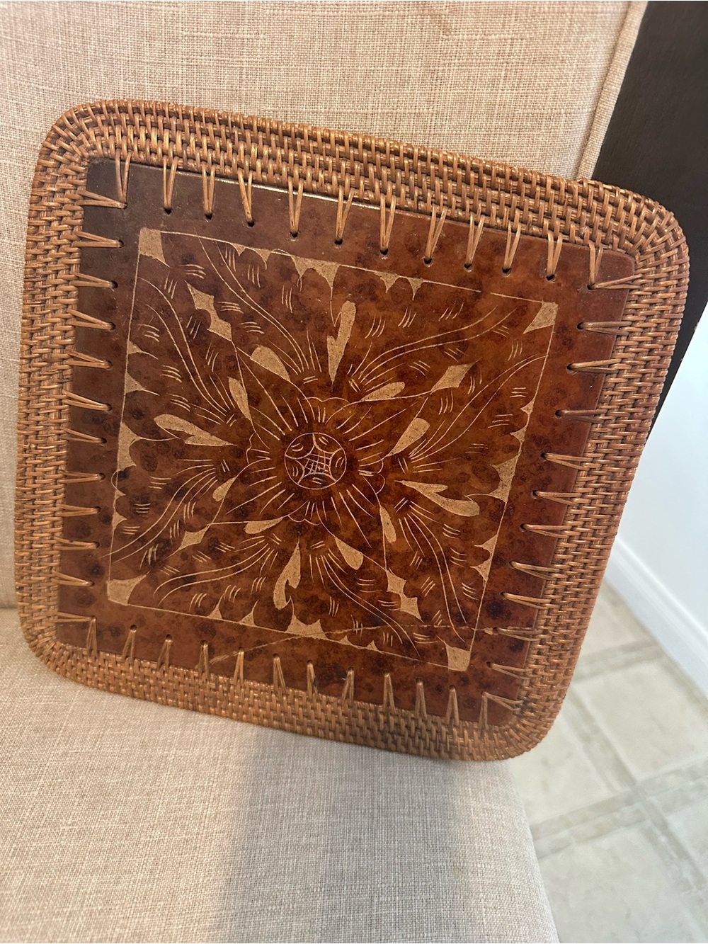 Etched Stretched Leather Starburst Compass Ratan Border L Square Trivet Coaster